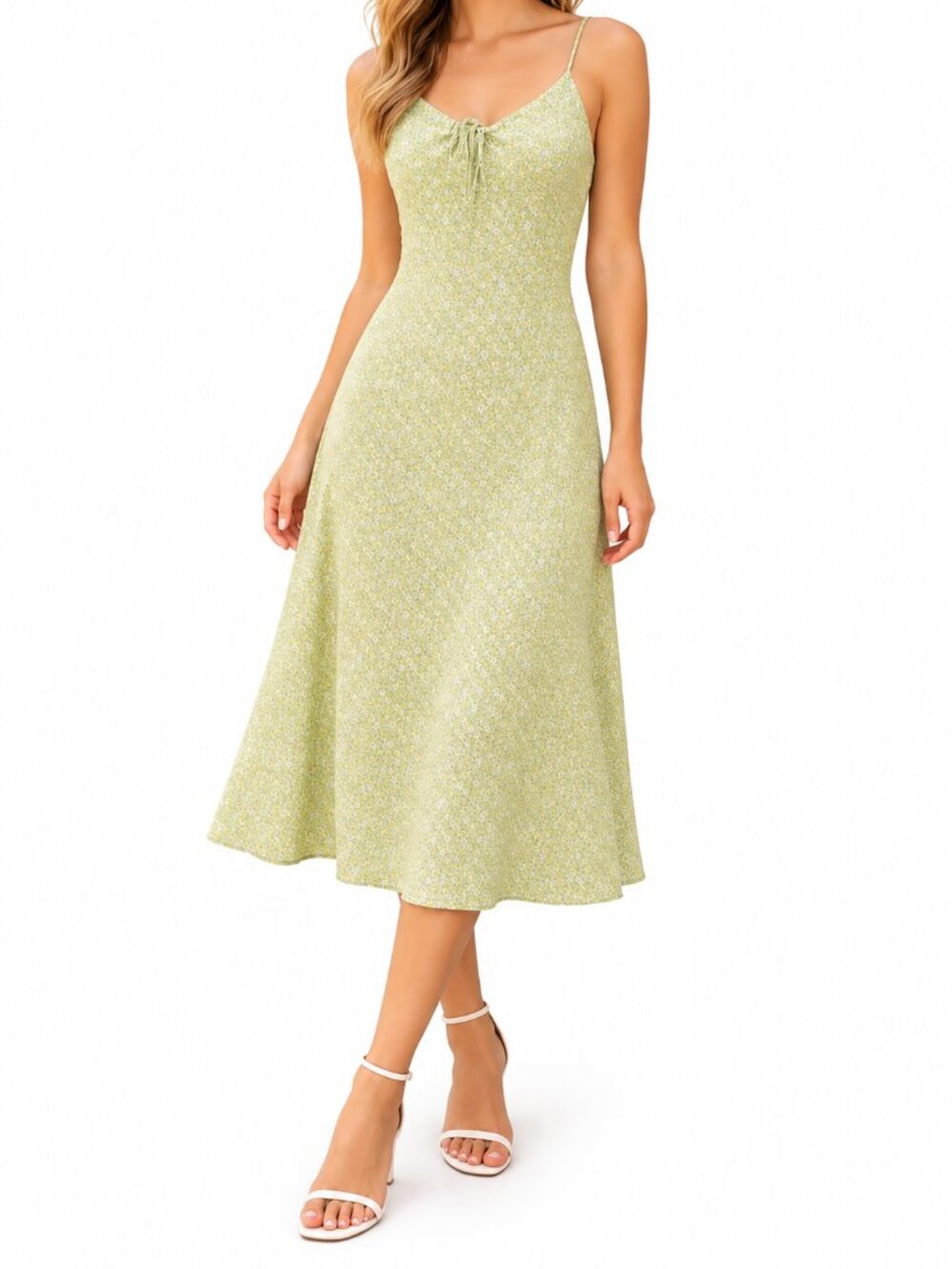 Express Women's Floral Midi Slip Dress, Green Yellow, S